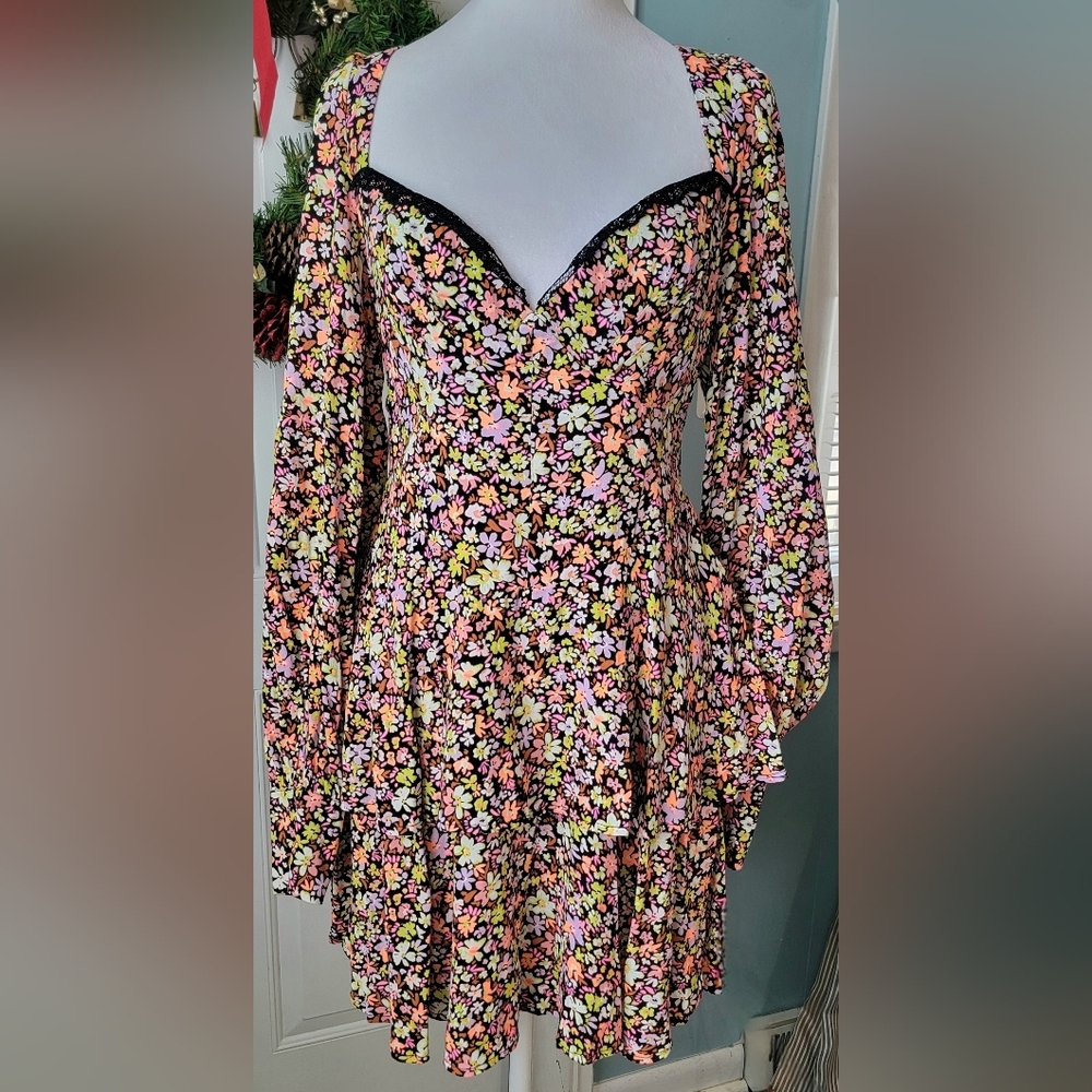 AFRM Modesto Sweetheart Long Sleeve Mini Dress Womens M Black Multi Neon Floral